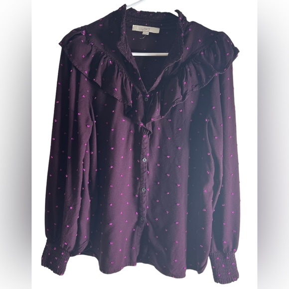 Loft Women’s Prairie Ruffle Yoke Long Sleeve Button Down Top Plum SzM - Picture 2 of 15